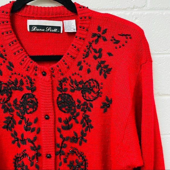 Dana Scott. Vintage Red & Black Beaded Cardigan. M - Picture 4 of 8